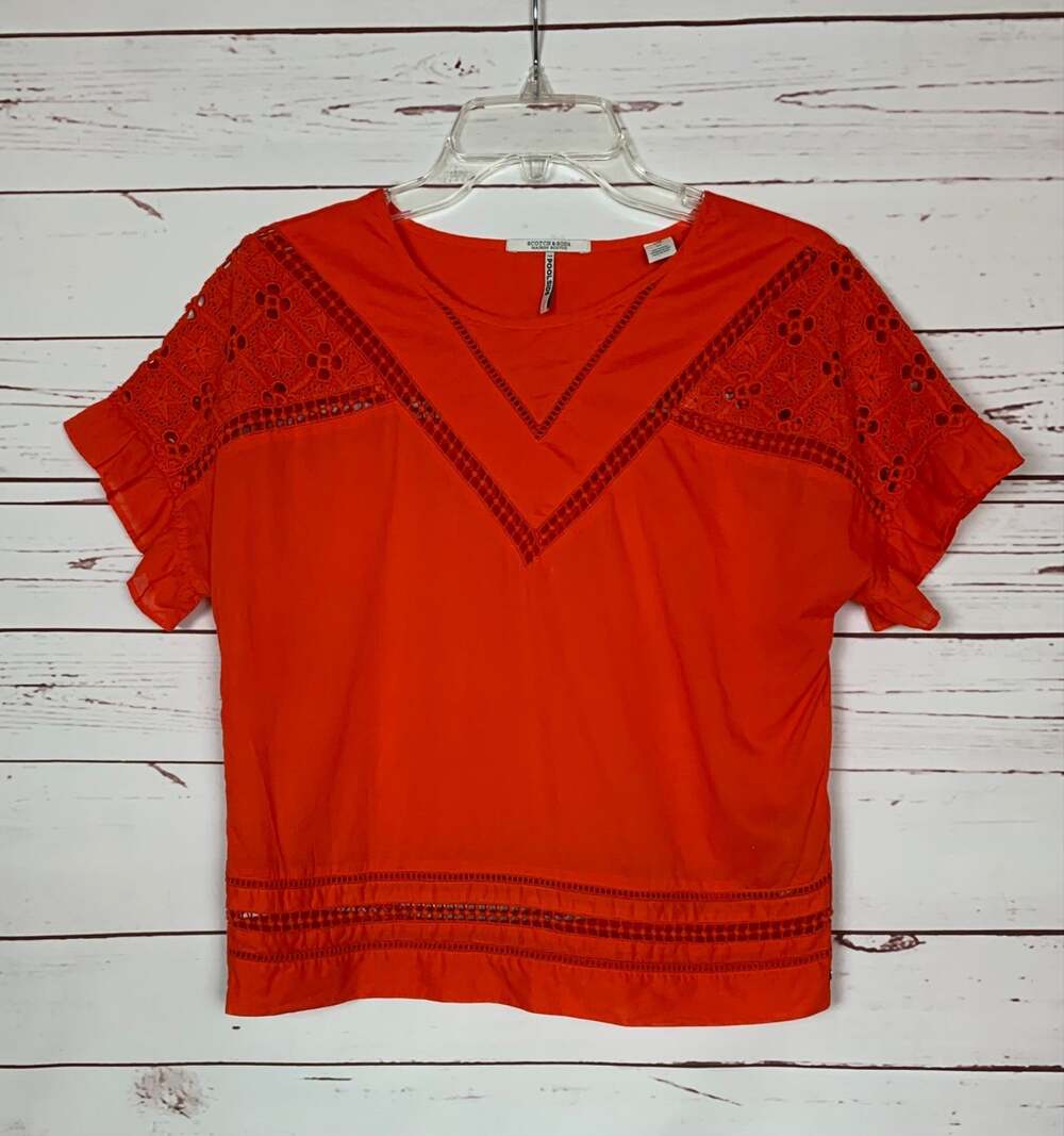 Scotch & Soda Poolside Women's M Medium Red Cotton Eyelet Lace Short Sleeve Top